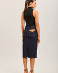 Toxik3 mid-length stretch straight denim skirt with slit stud details
