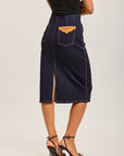 Toxik3 mid-length stretch straight denim skirt with slit stud details