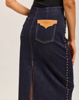 Toxik3 mid-length stretch straight denim skirt with slit stud details