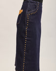 Toxik3 mid-length stretch straight denim skirt with slit stud details