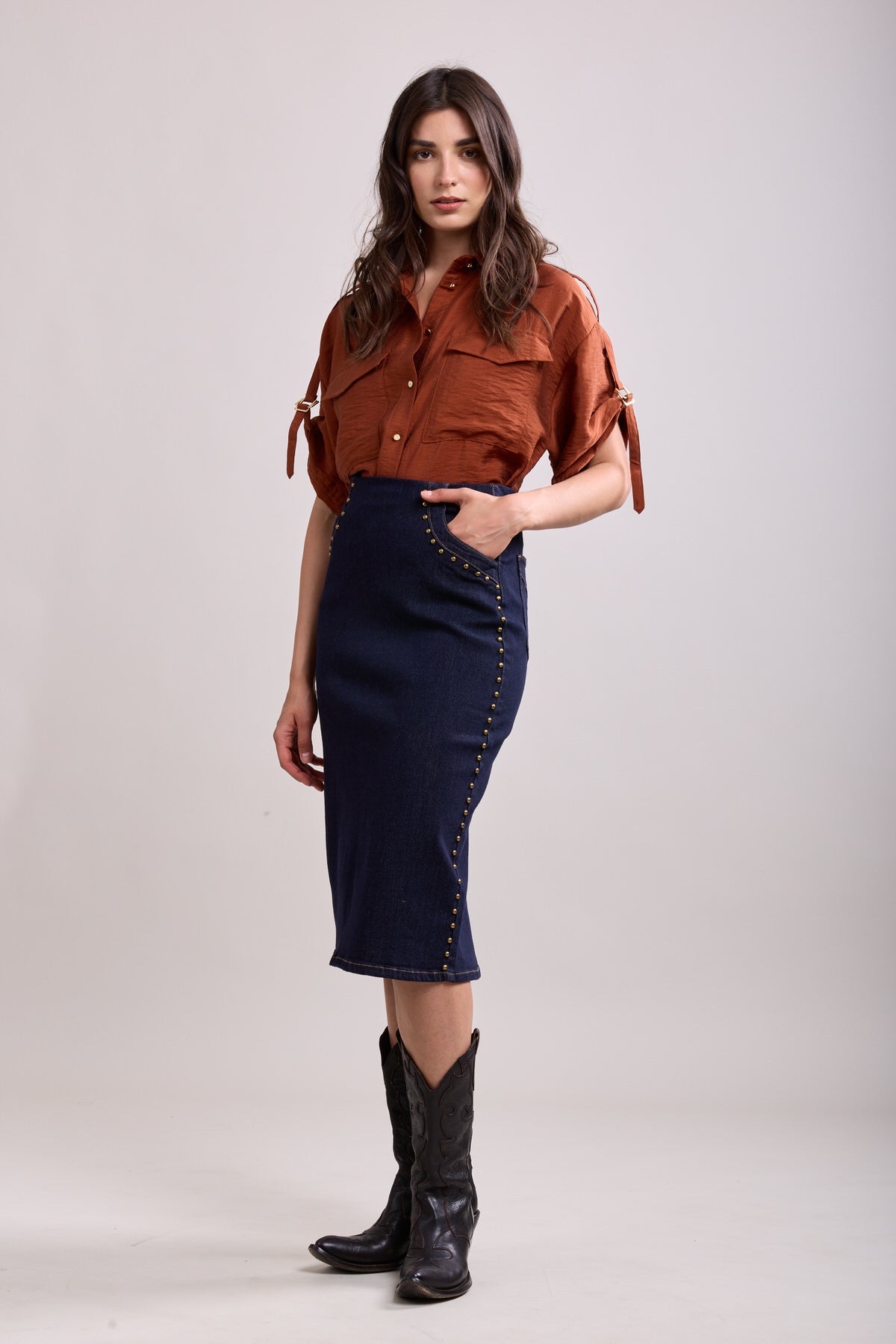 Toxik3 Jupe Jean droite Stretch mi-longue Fendue Details clous