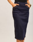 Toxik3 mid-length stretch straight denim skirt with slit stud details