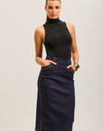 Toxik3 mid-length stretch straight denim skirt with slit stud details