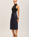 Toxik3 mid-length stretch straight denim skirt with slit stud details