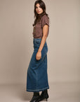 Toxik3 long split skirt side in the flaged stretch denim