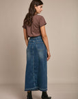 Toxik3 long split skirt side in the flaged stretch denim