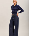 Toxik3 jean stretch wide nervuré à ceinture bleu brut