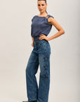 Toxik3 stretch wide jean pants with star rhinestones