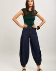 Toxik3 balloon cropped denim harem pants stretch denim topstitched