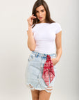 Toxik3 falda corta de tubo denim destruir accesorio bufanda