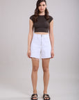 Toxik3 high-waisted white stretch shorts with visible zip