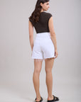 Toxik3 high-waisted white stretch shorts with visible zip
