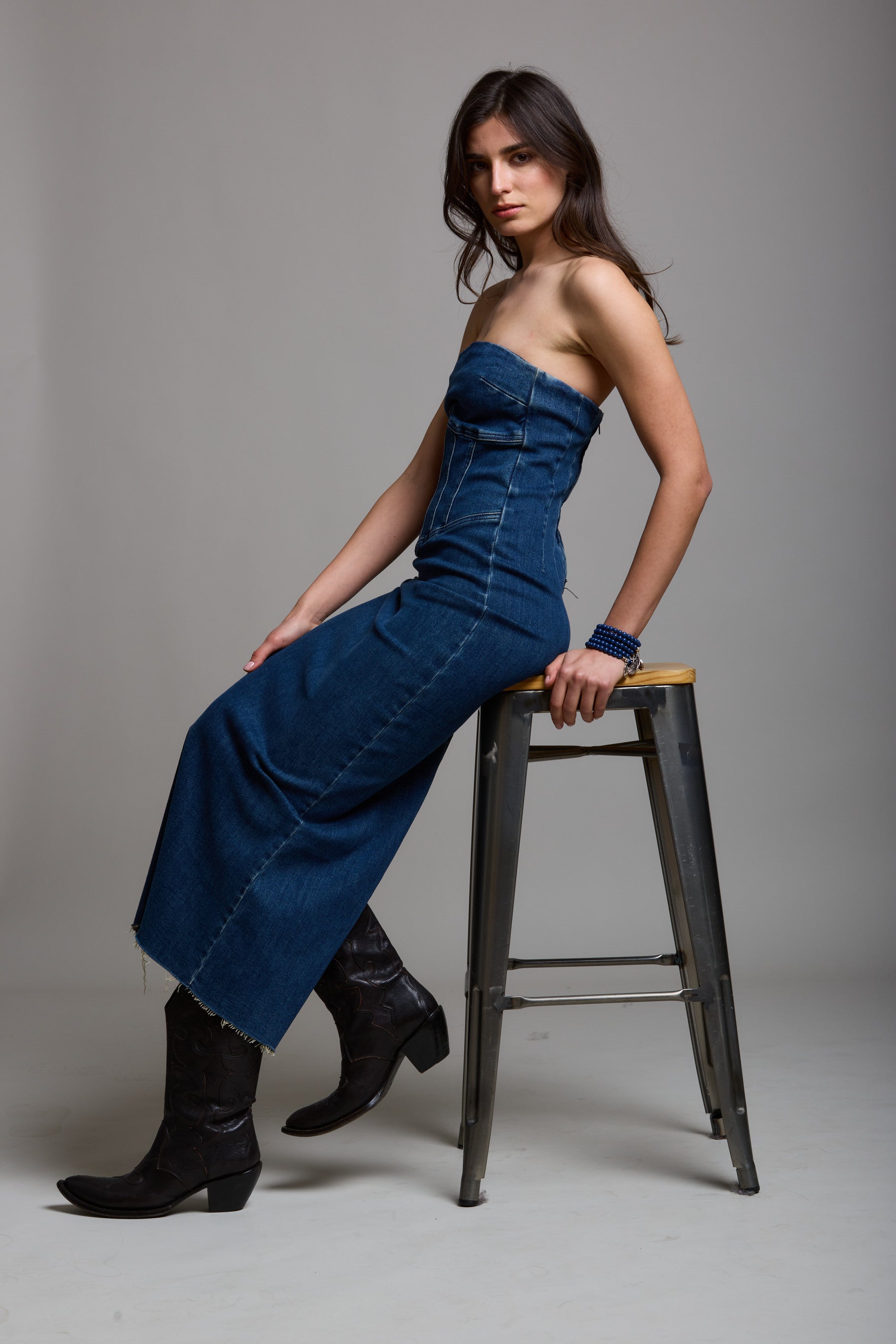 Toxik3 strapless straight stretch denim dress with slit