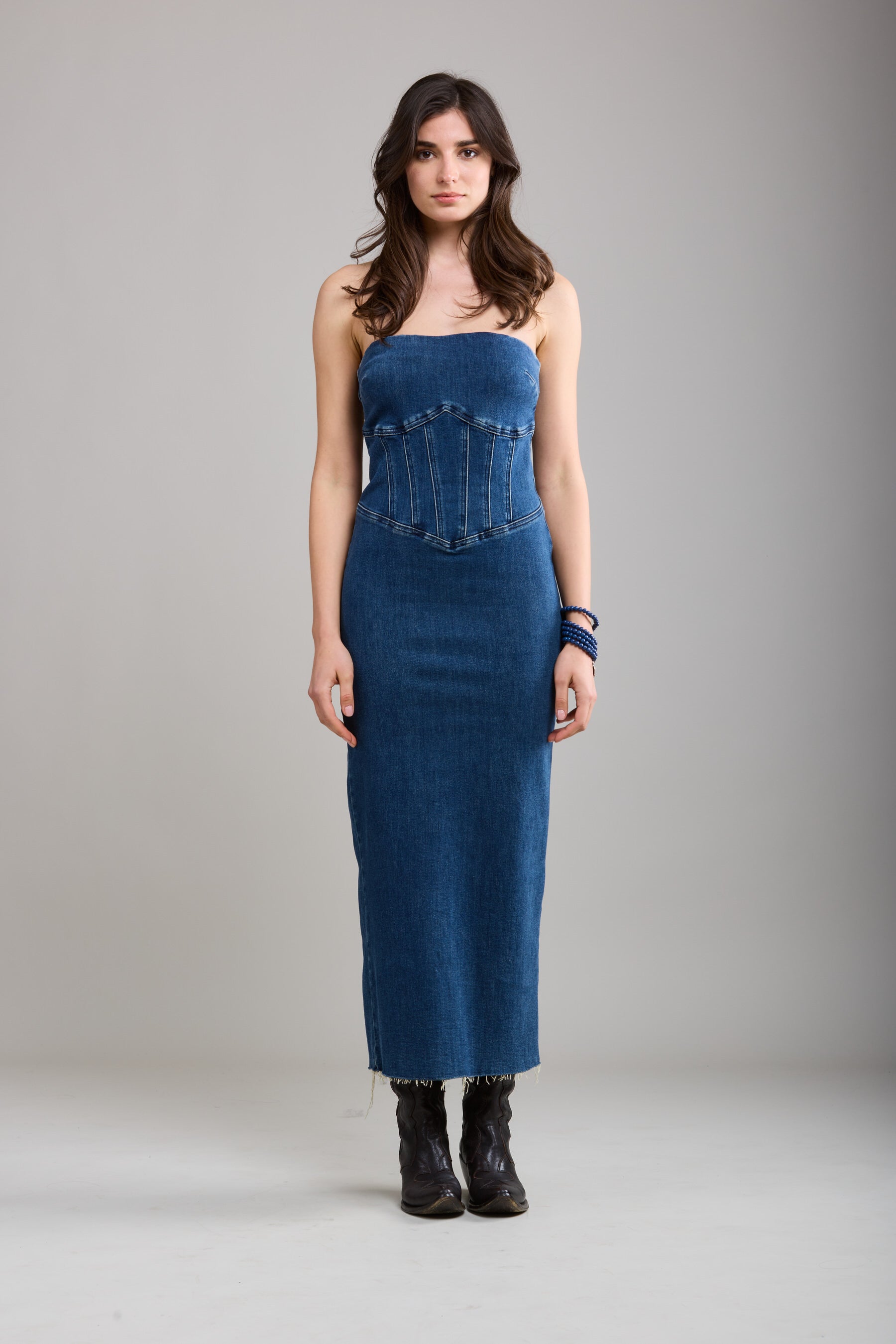 Toxik3 strapless straight stretch denim dress with slit