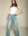 TOXIK3 Jean Wide Stretch High Taille mit Doppeljeans Couture schattierte Taschen