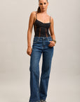Toxik3 jean droit stretch taille haute poches effilochées