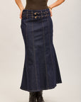 Toxik3 long denim skirt with double belts