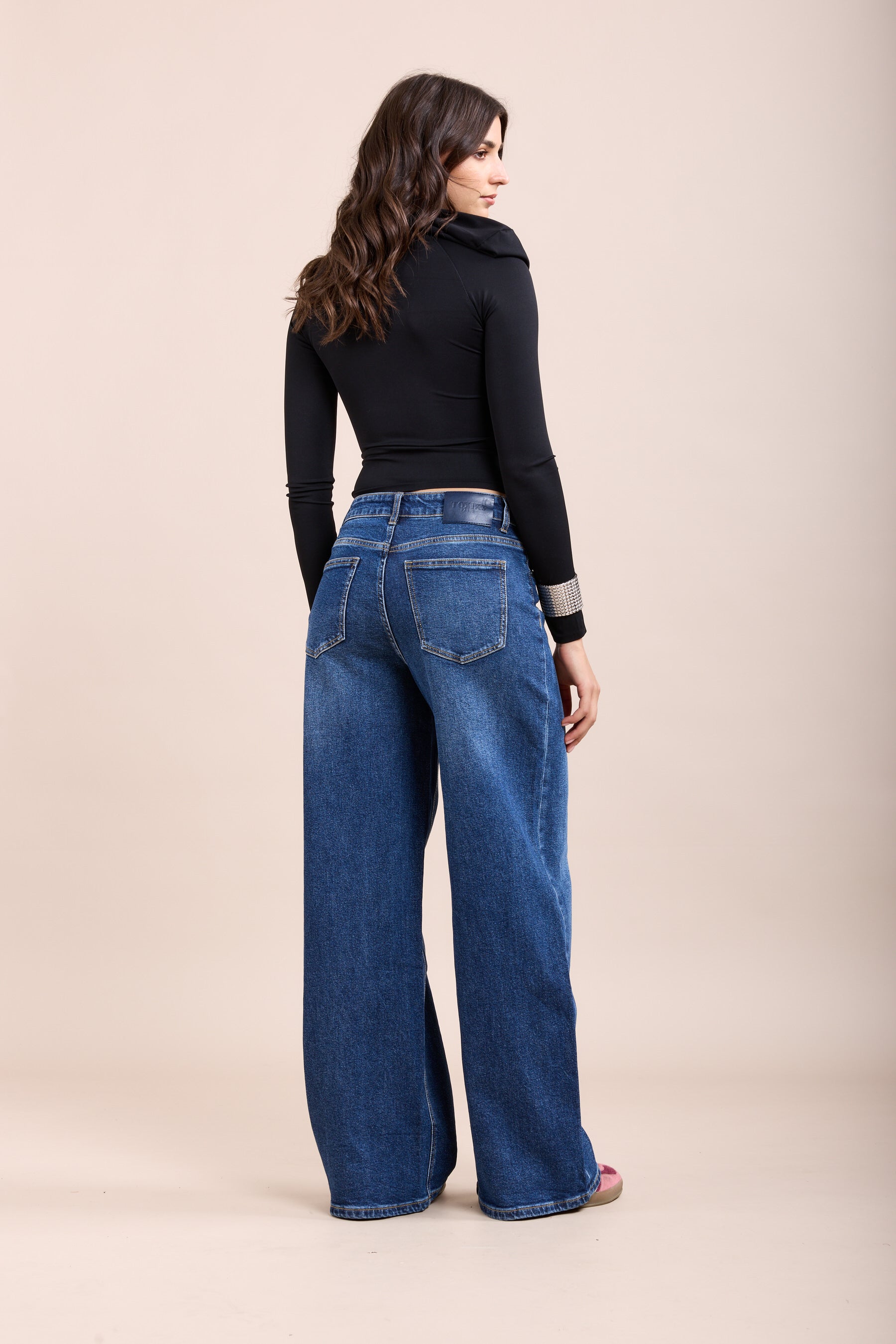 Toxik3 washed stretch wide denim pants with crossover closure