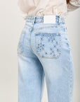 Toxik3 pantalon jean stretch wide broderie fleurs