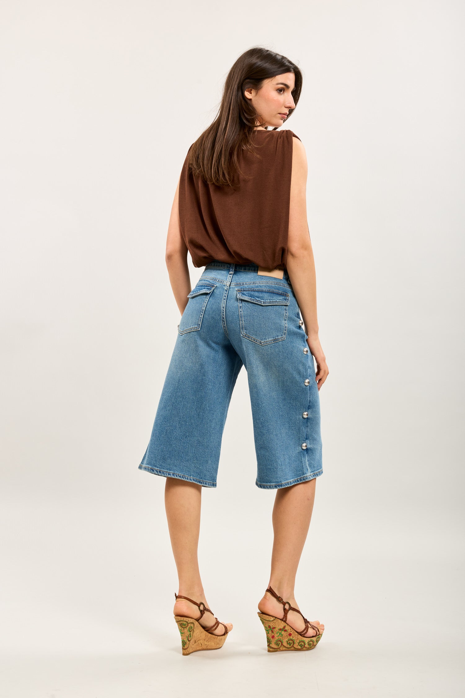 Toxik3 wide denim stretch Bermuda shorts with stud details