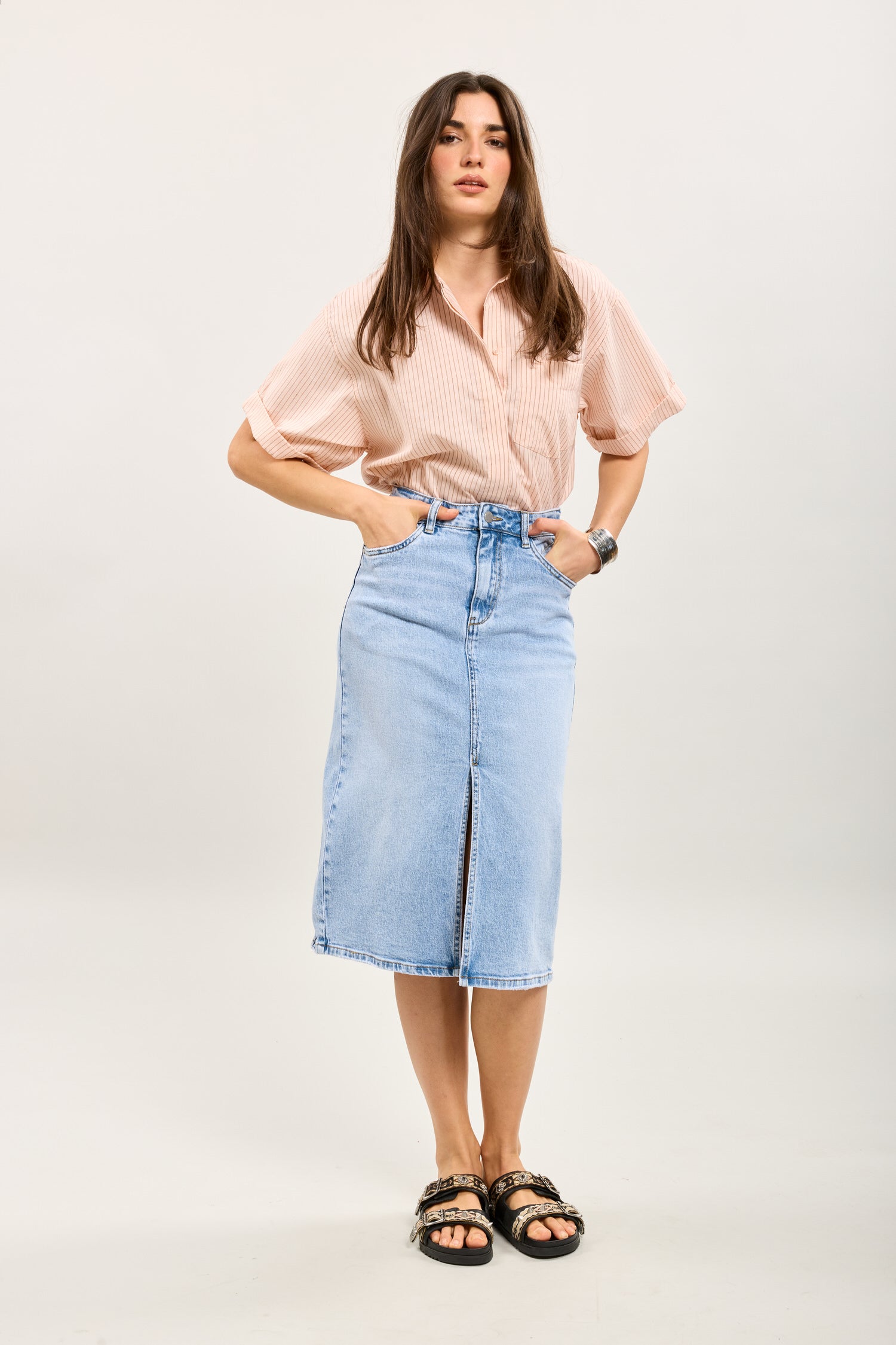Toxik3 mid-length denim pencil skirt with slit