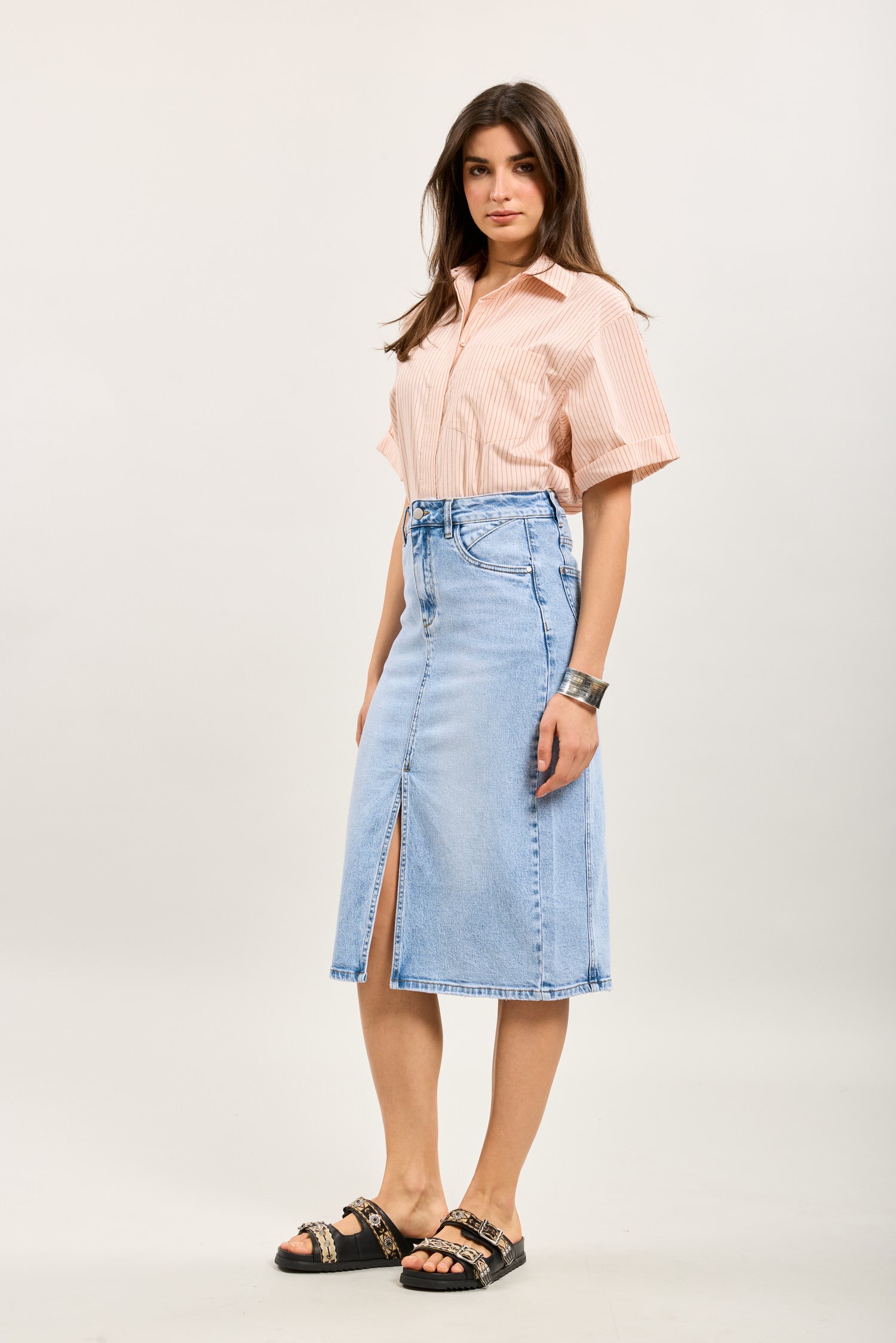 Toxik3 mid-length denim pencil skirt with slit