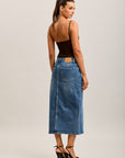 Toxik3 mittellanger, geschlitzter Denim-Bleistiftrock mit asymmetrischer Konstruktion