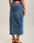 Toxik3 mittellanger, geschlitzter Denim-Bleistiftrock mit asymmetrischer Konstruktion