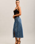 Toxik3 mittellanger, geschlitzter Denim-Bleistiftrock mit asymmetrischer Konstruktion