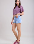 Toxik3 fitted stretch denim shorts wild west text print