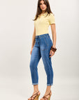Toxik3 stretch denim mom pants with sunflower embroidered jacron detail