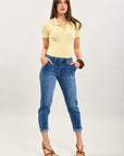 Toxik3 stretch denim mom pants with sunflower embroidered jacron detail