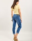 Toxik3 stretch denim mom pants with sunflower embroidered jacron detail