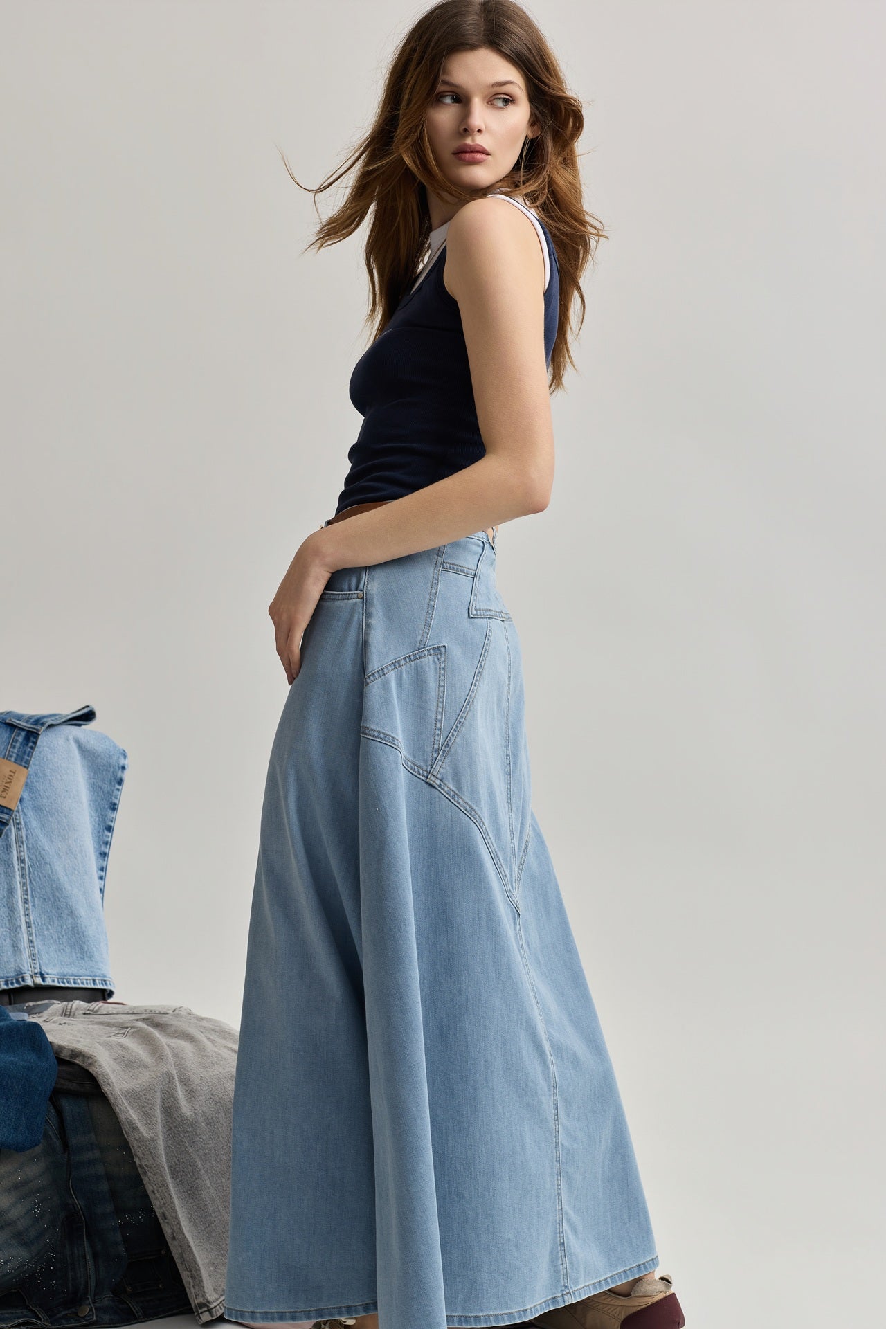 Toxik3 lange trompetstretch denimrok
