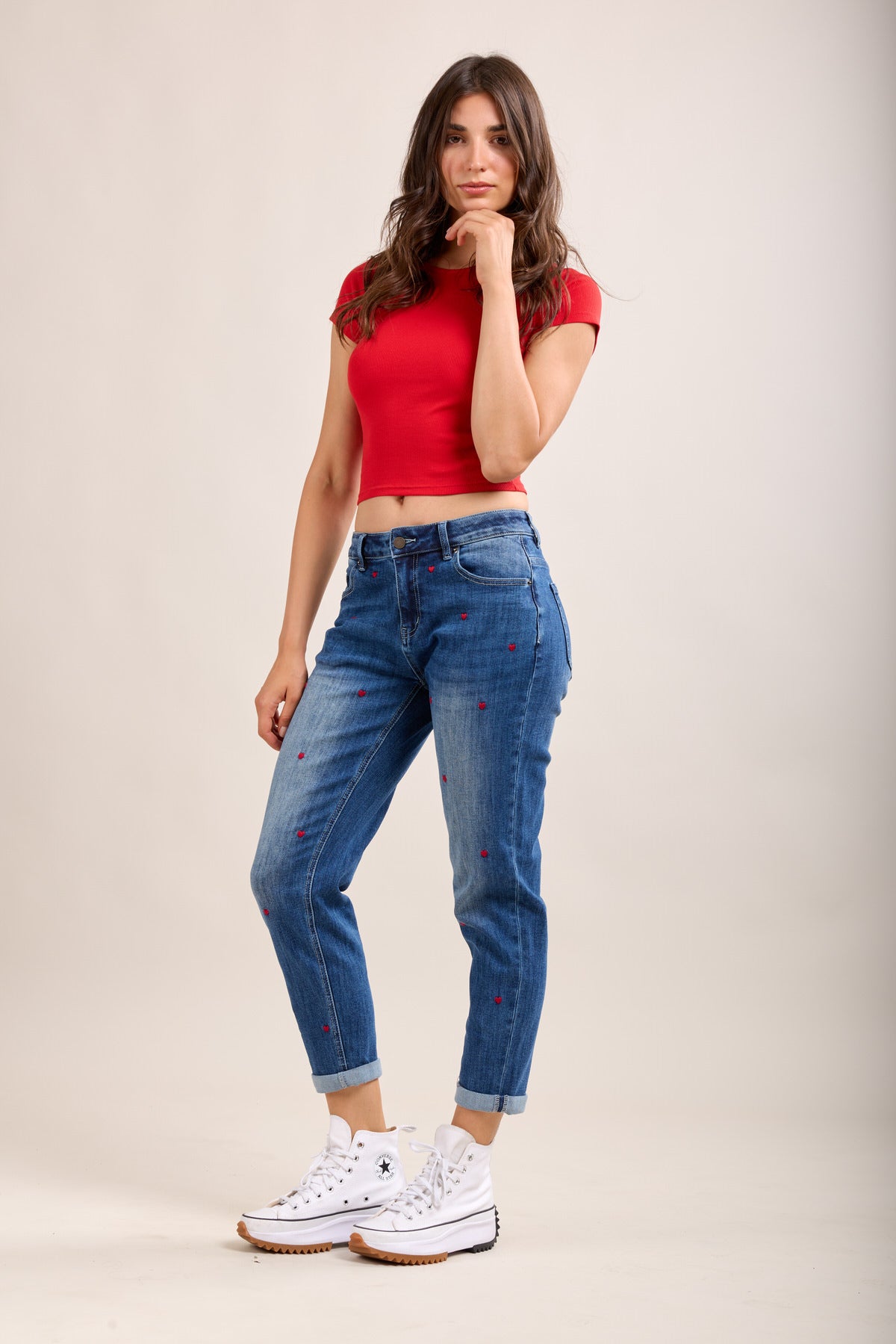 Toxik3 jean boy stretch délavé brodés coeur à revers