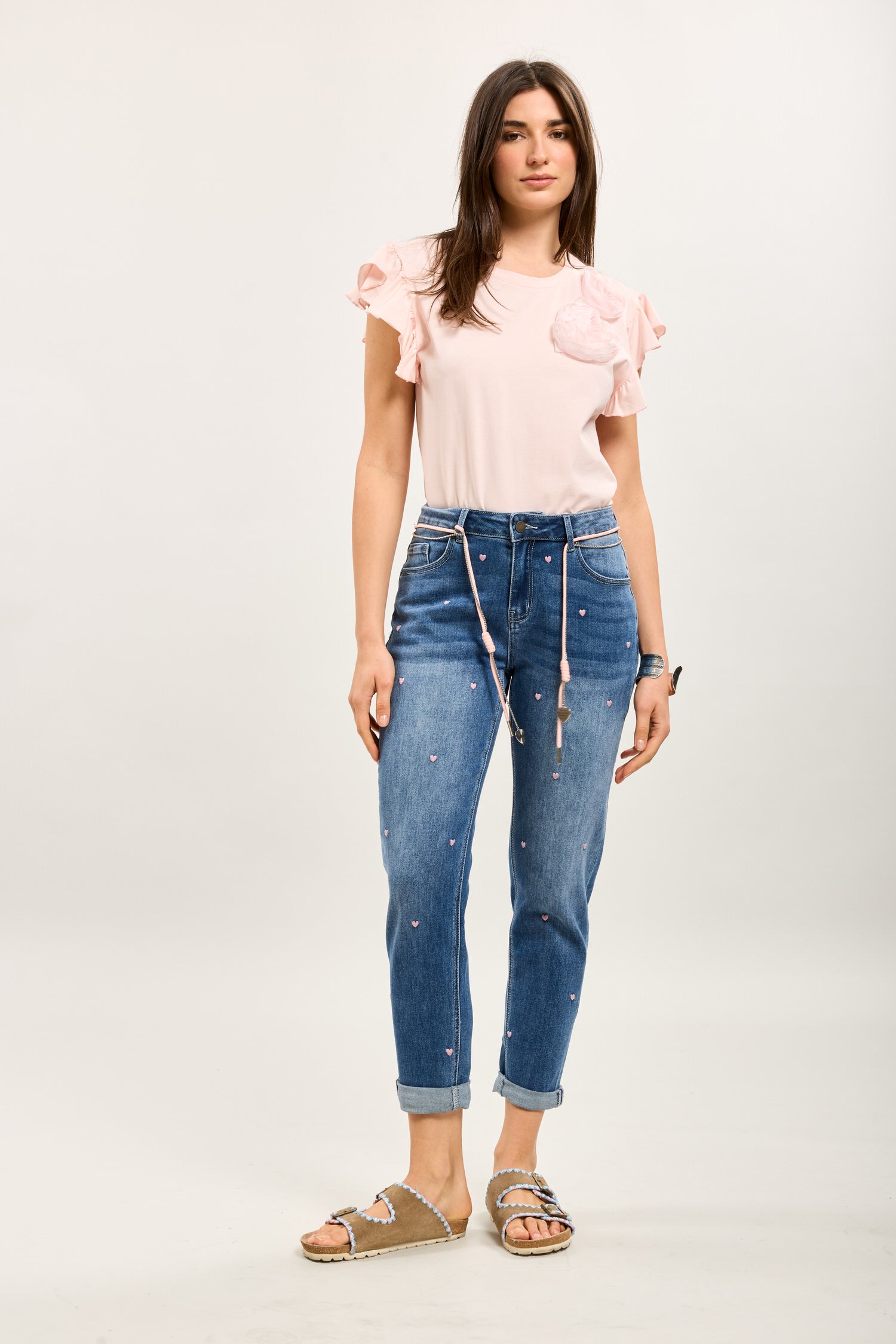 Toxik3 jean boy stretch délavé brodés coeur à revers