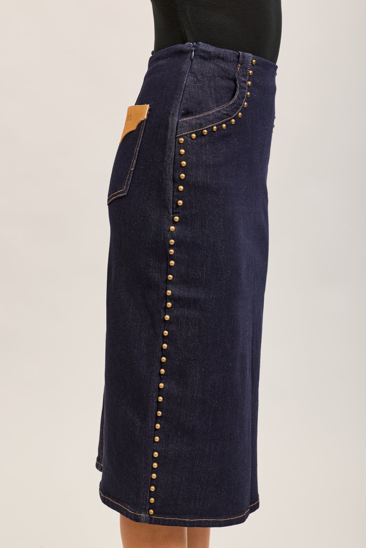 Toxik3 mid-length stretch straight denim skirt with slit stud details