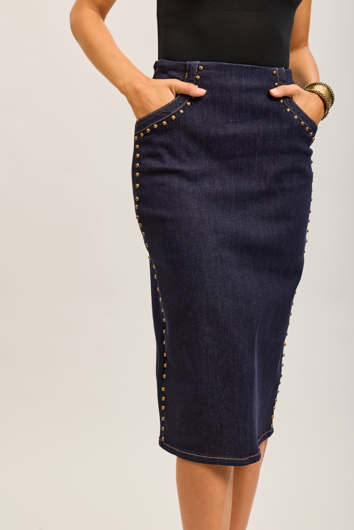 Toxik3 mid-length stretch straight denim skirt with slit stud details