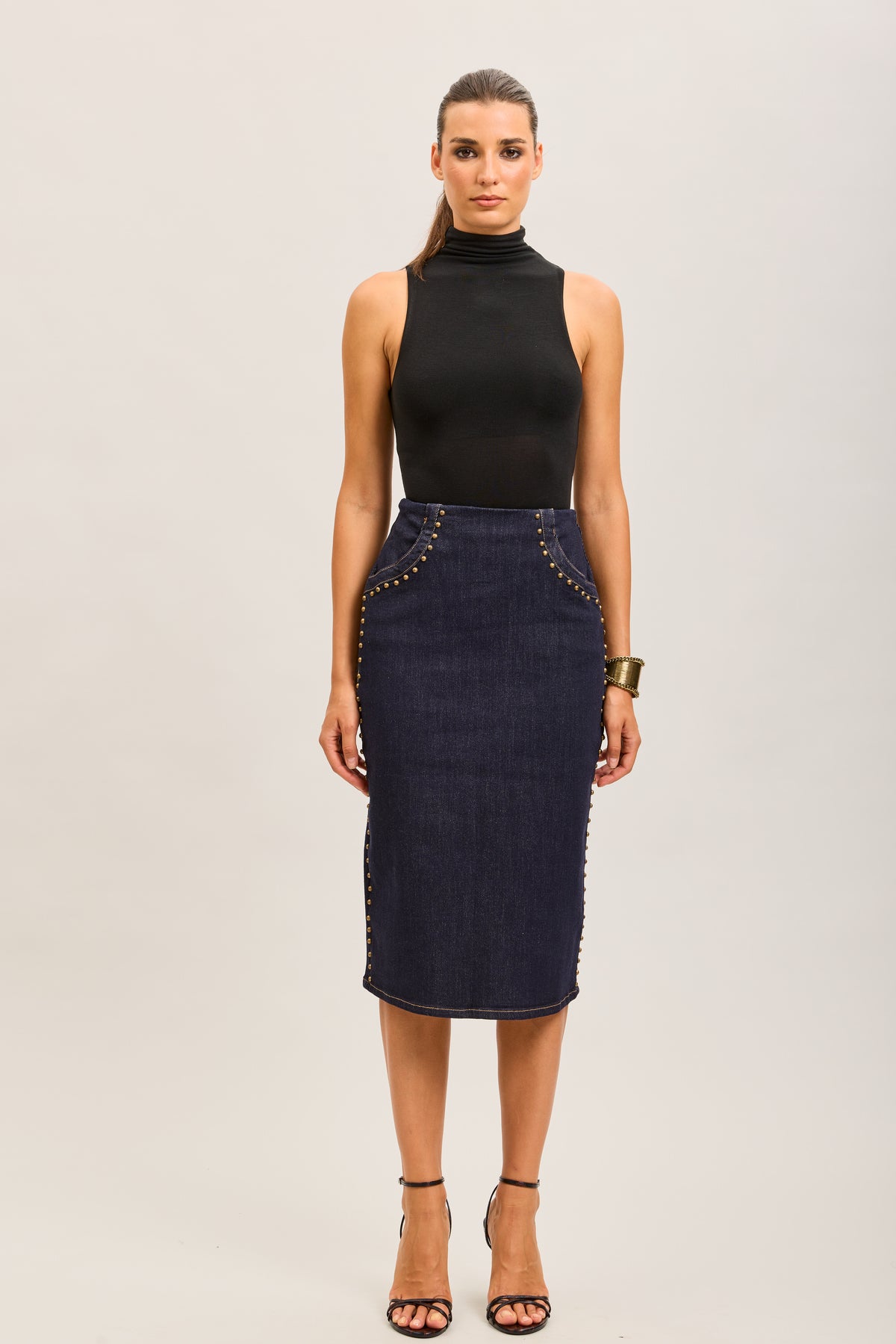 Toxik3 mid-length stretch straight denim skirt with slit stud details