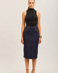 Toxik3 mid-length stretch straight denim skirt with slit stud details