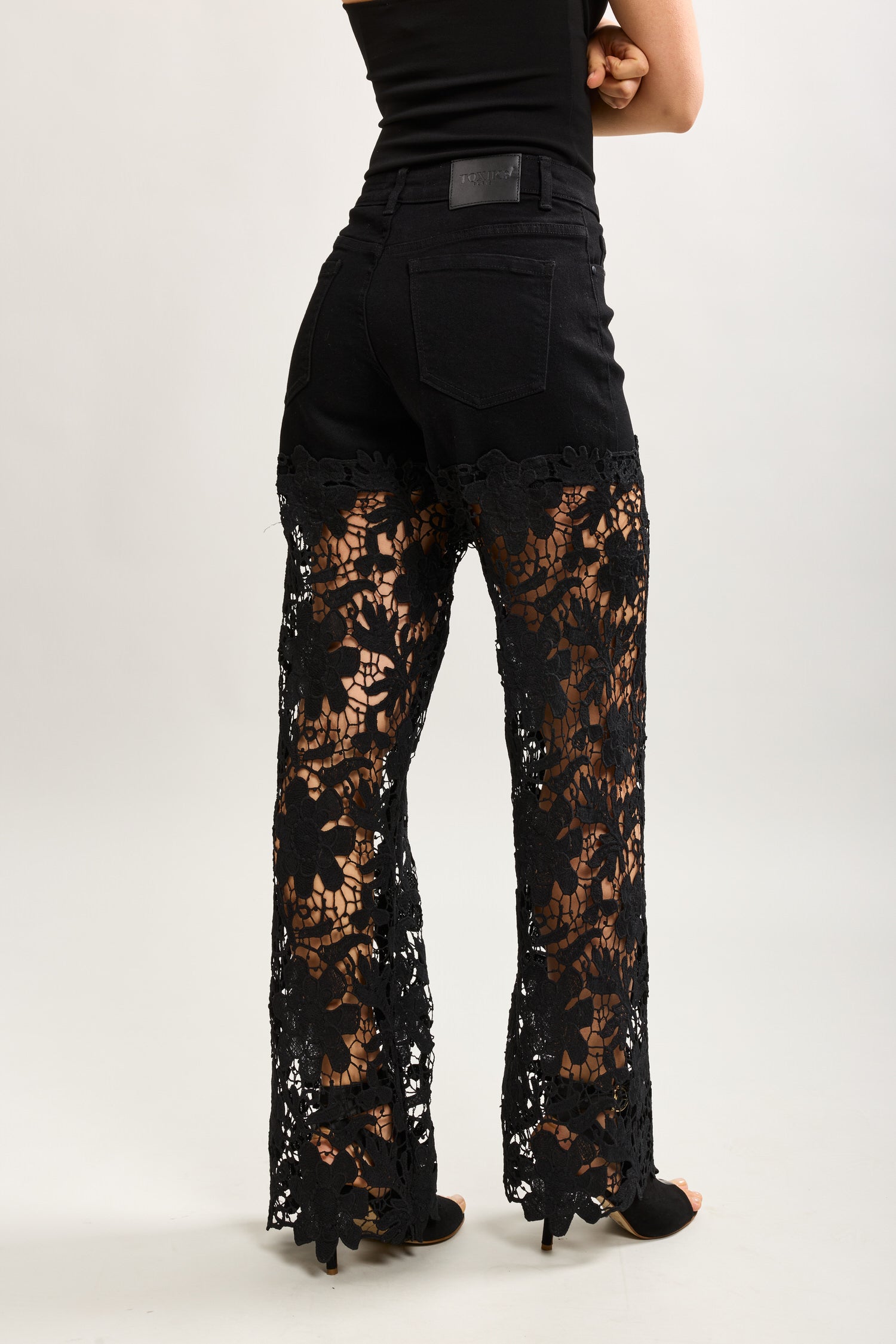 Toxik3 straight stretch denim jean pants with openwork lace