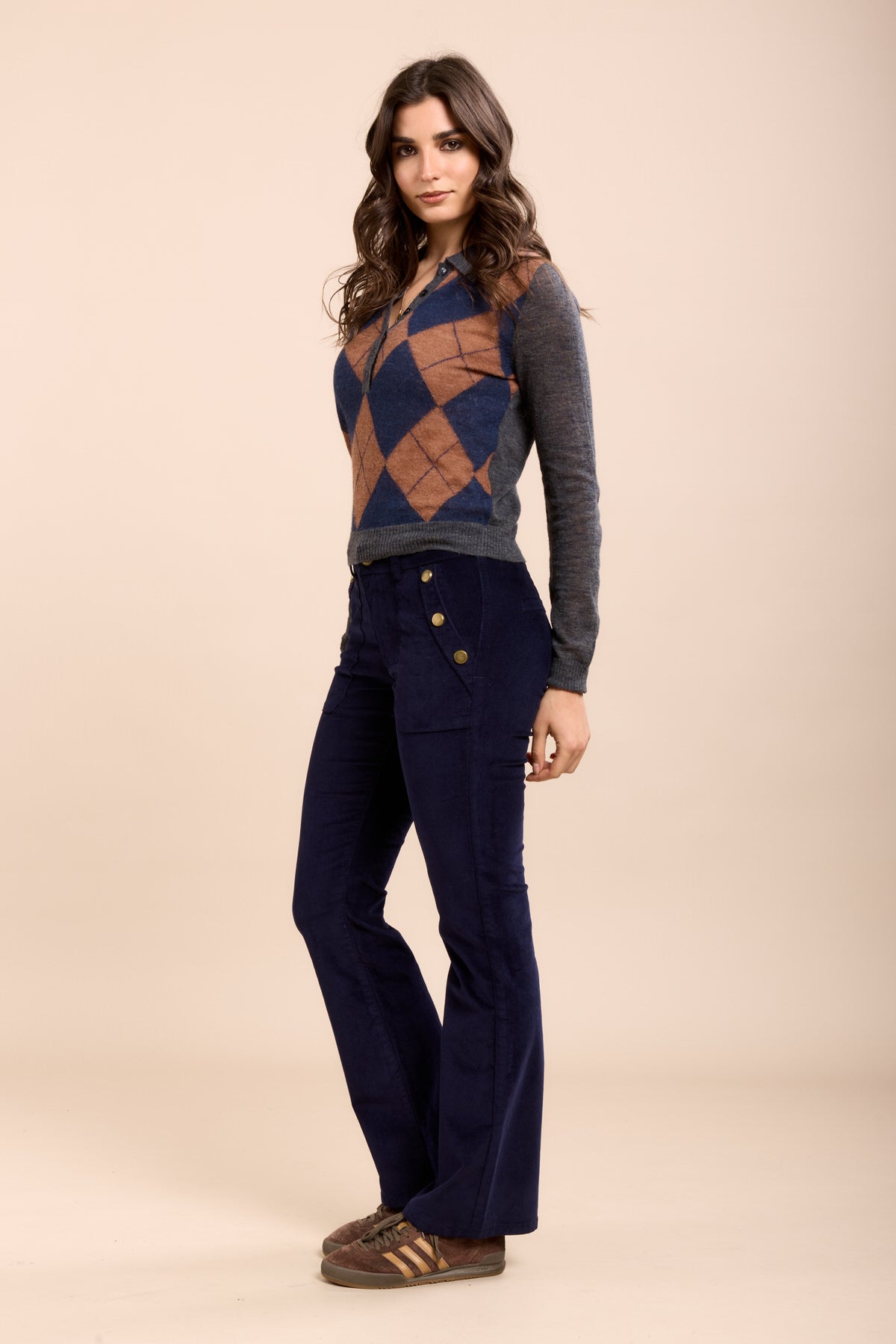 Toxik3 pantalon velours flare détails boutons or