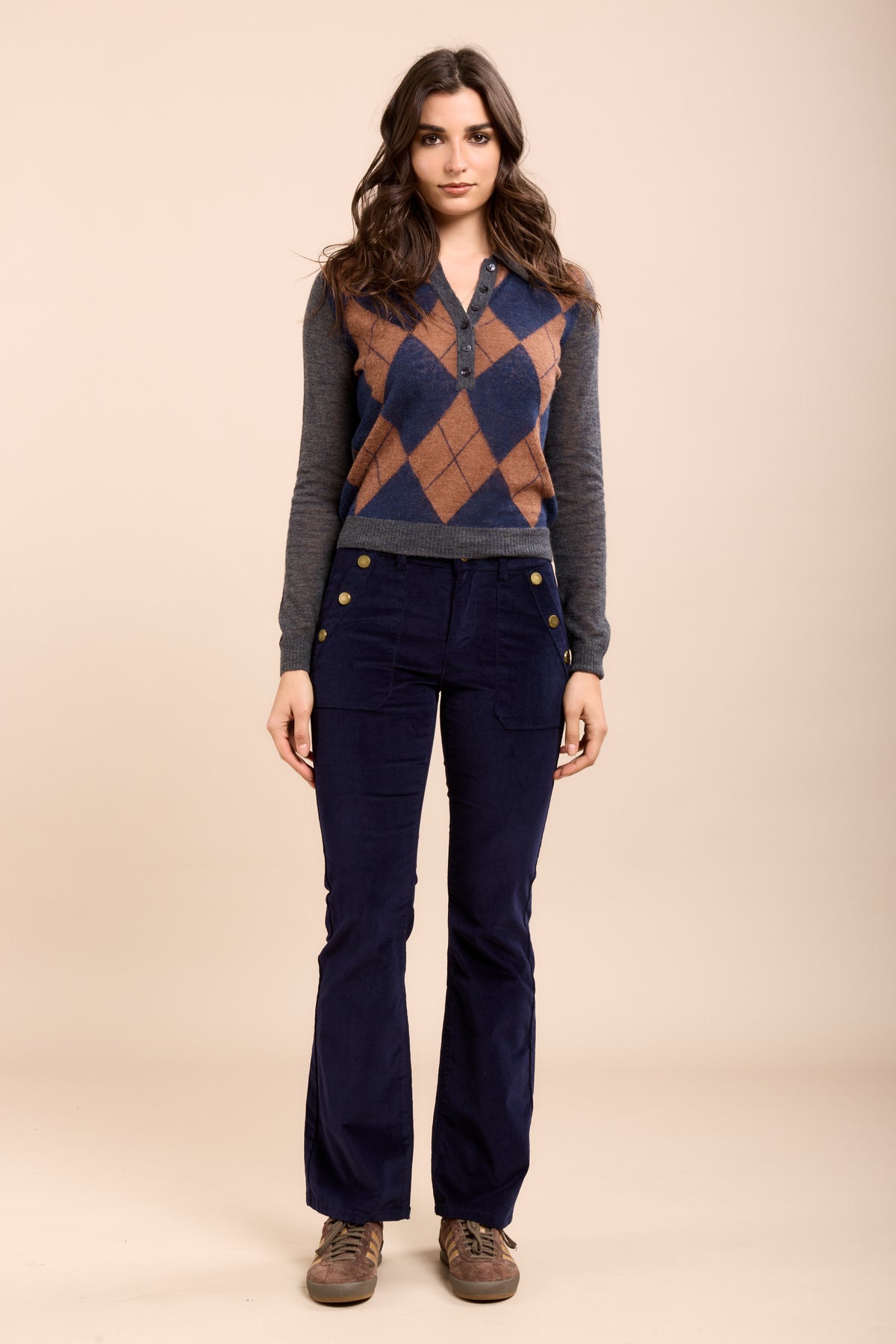 Toxik3 pantalon velours flare détails boutons or