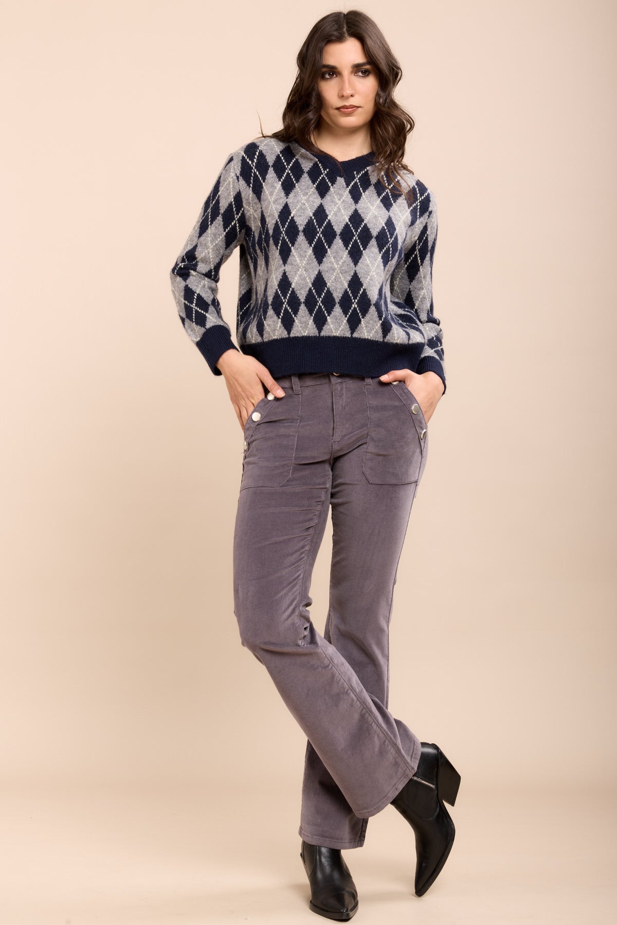 Toxik3 pantalon velours flare détails boutons or