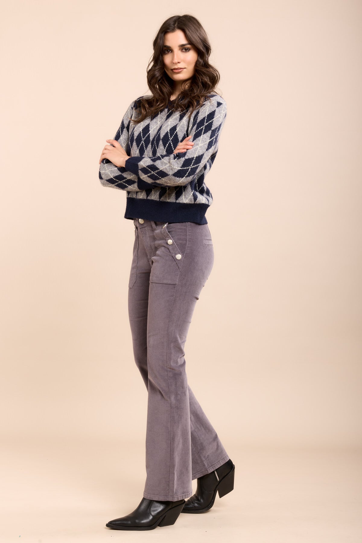 Toxik3 pantalon velours flare détails boutons or