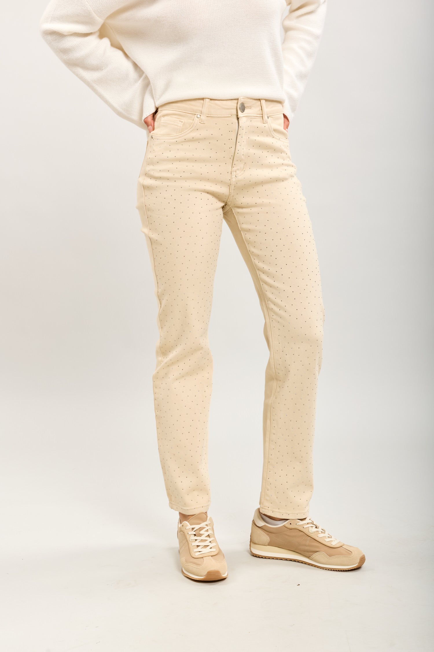 Toxik3 jean droit crème taille haute stretch à strass