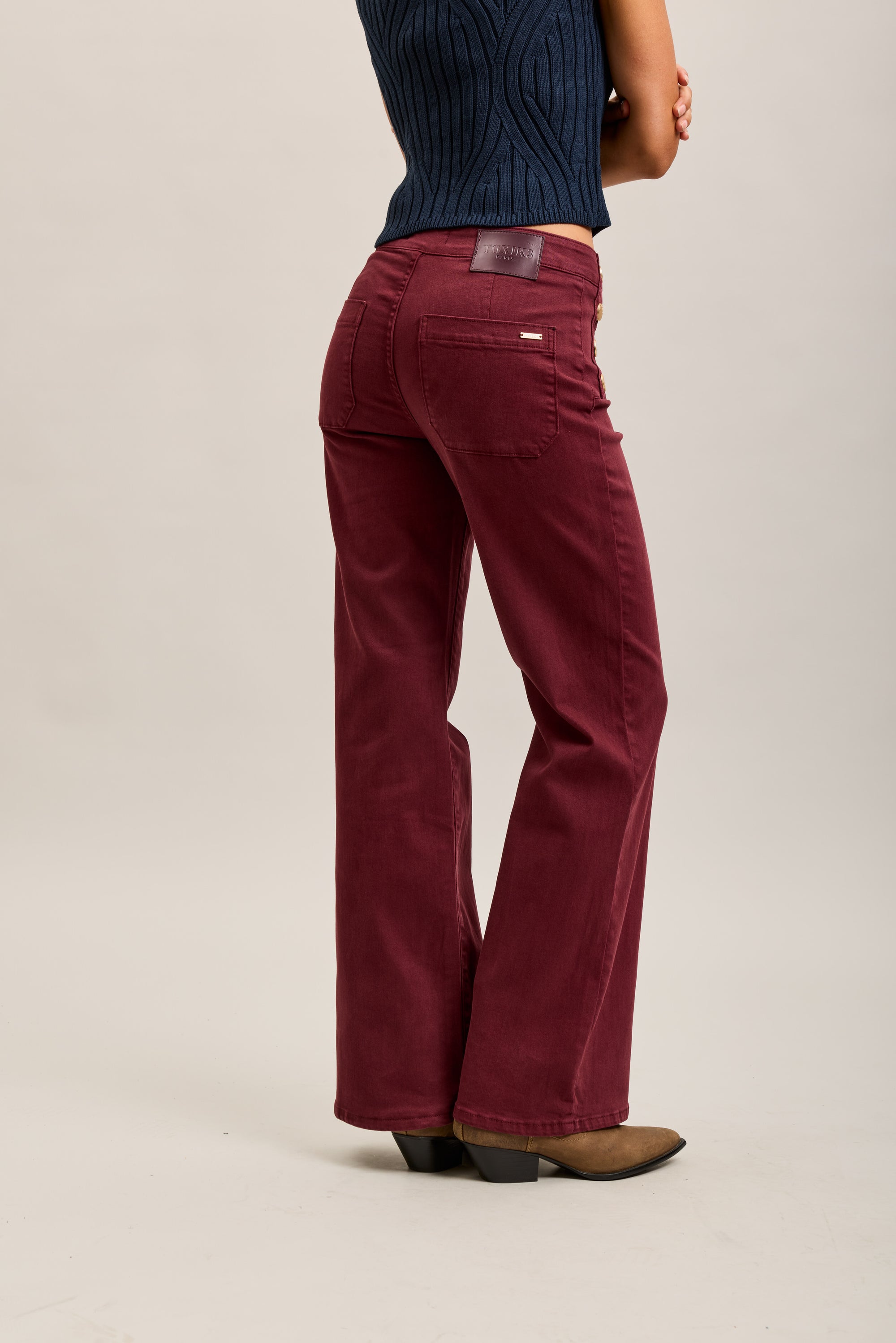 Toxik3 stretch denim bootcut jean pants gold buttons