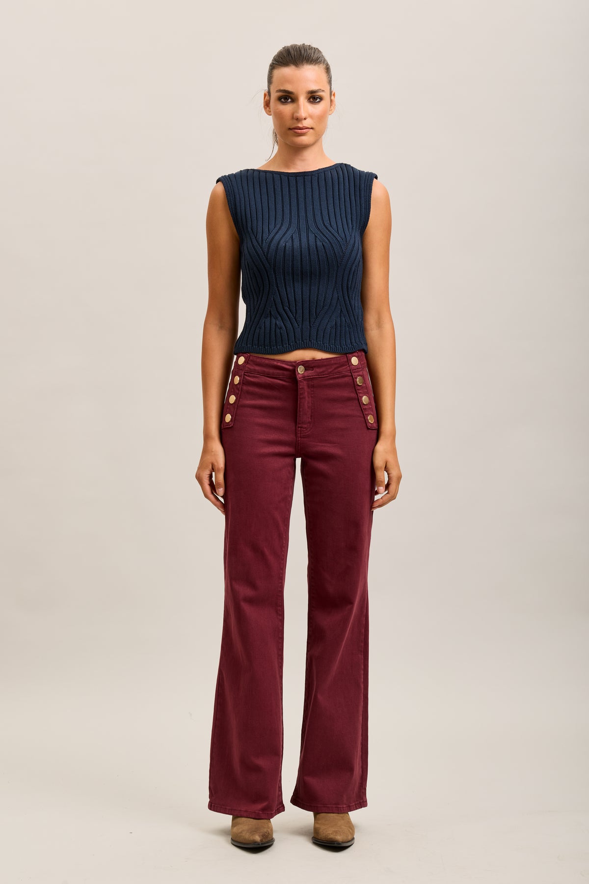 Toxik3 stretch denim bootcut jean pants gold buttons
