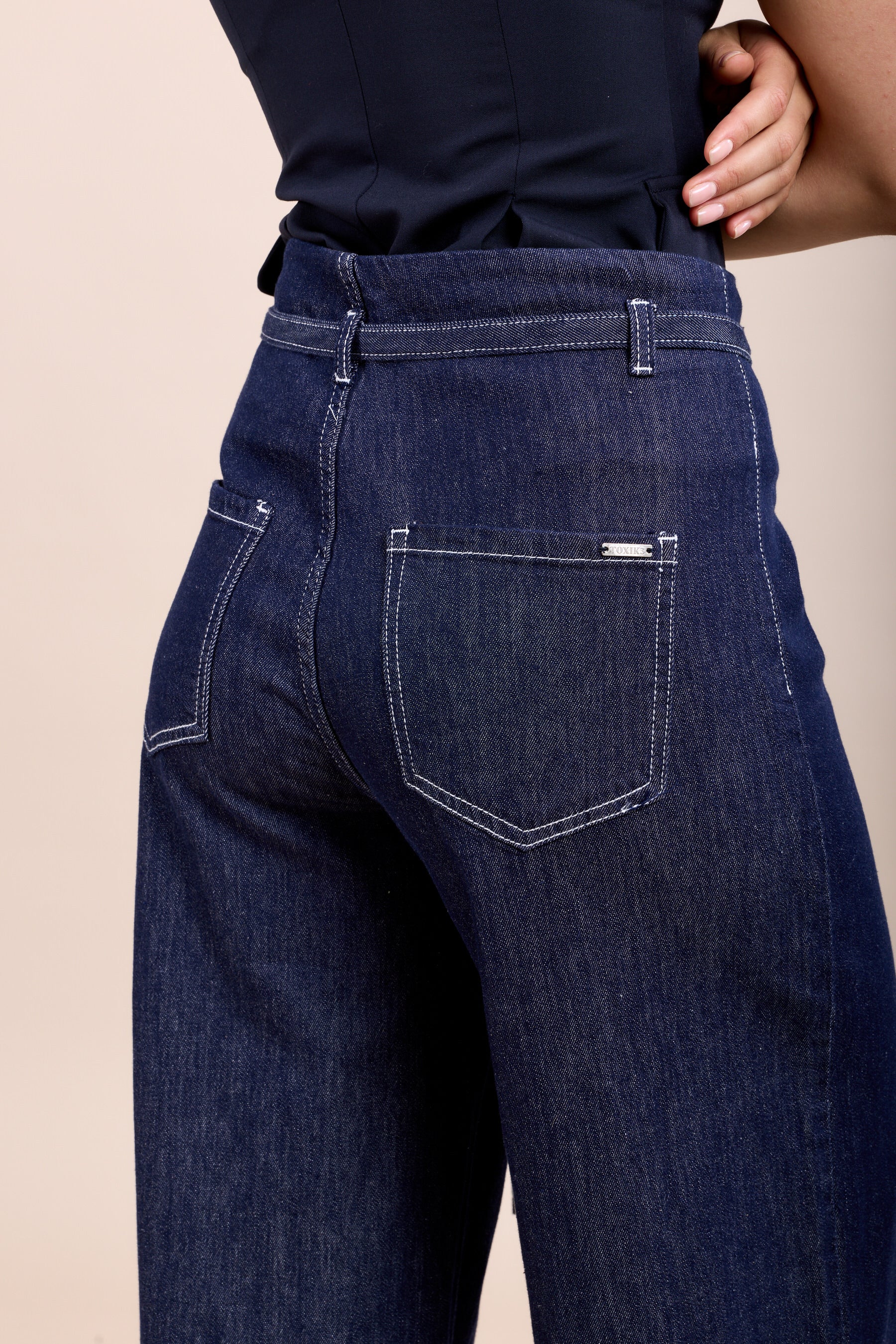 Toxik3 jean stretch wide nervuré à ceinture bleu brut