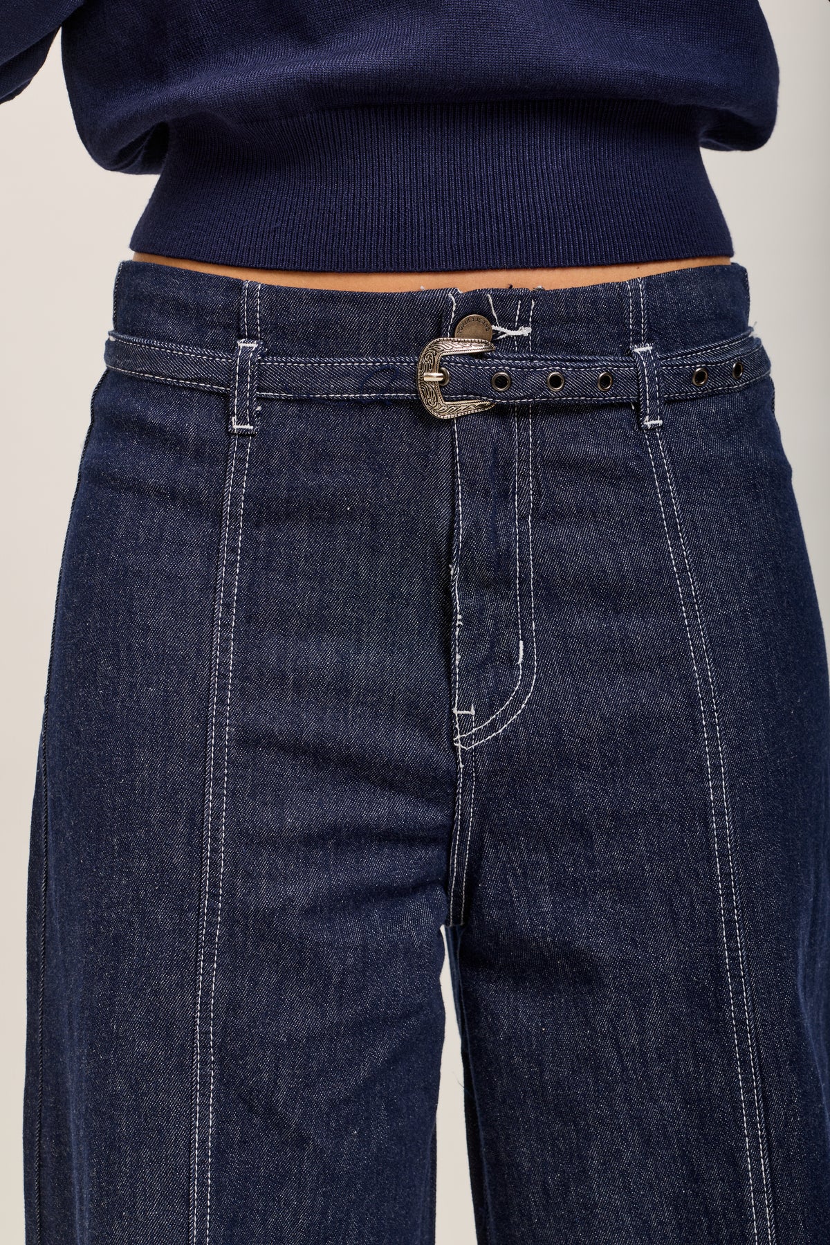 Toxik3 jean stretch wide nervuré à ceinture bleu brut